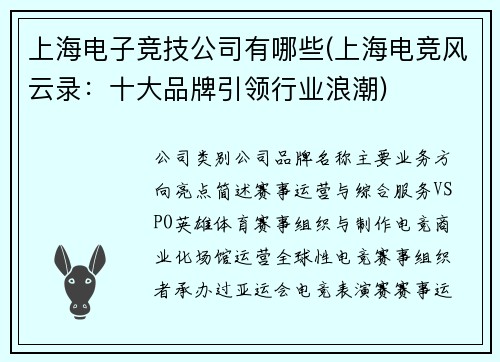 上海电子竞技公司有哪些(上海电竞风云录：十大品牌引领行业浪潮)